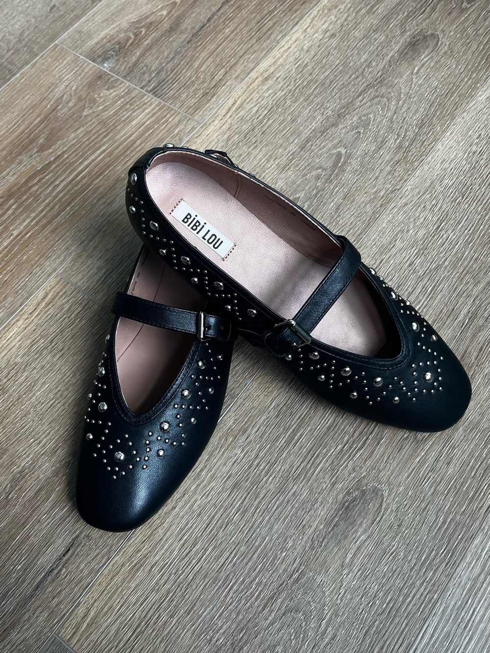 Anthropologie Bibi Lou Black Leather Mary Jane Flats Studded Sz 39 New with Box